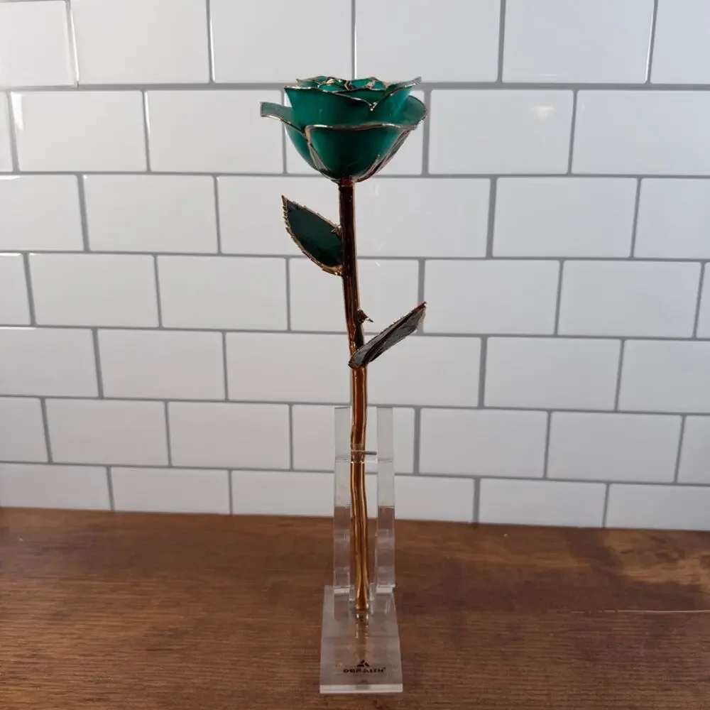 DeFaith 24k Gold Dipped Lacquered Green Rose with Acrylic Stand